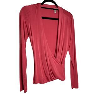 Banana Republic Dark Coral Long Sleeve Deep Draped VNeck Faux Wrap Top S